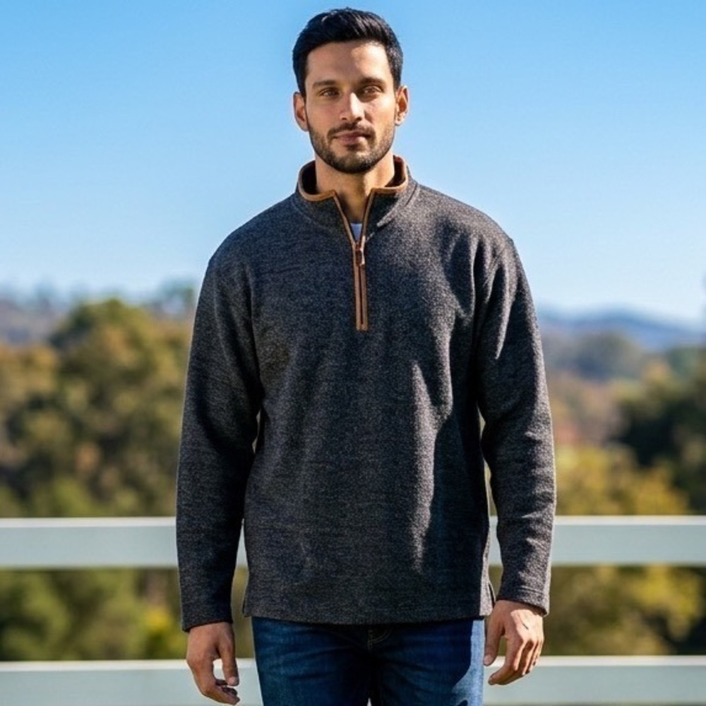 Orvis Mens Charcoal Gray Quarter Zip Pullover Leather Trim Elbow Patches Large